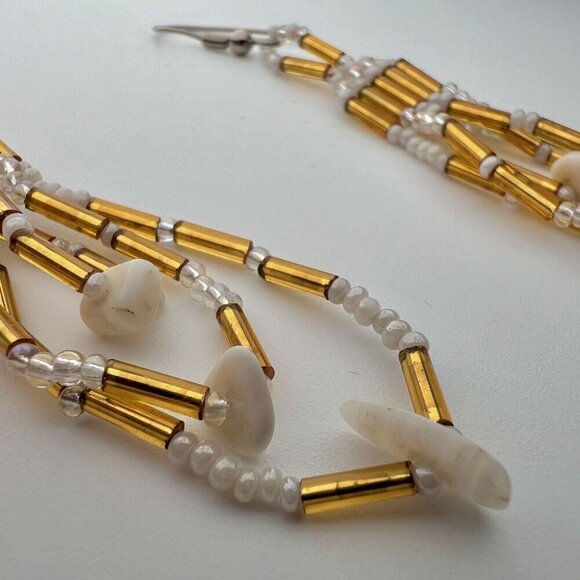 Handmade Gold & White Beaded Dangle Earrings Pierced Ears - Picture 2 of 7